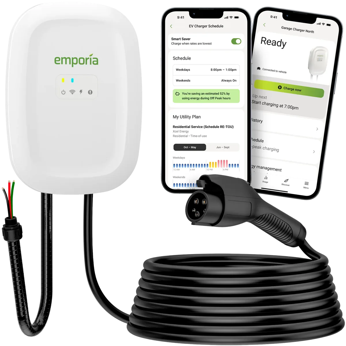 Emporia Smart Level 2 EV charger in white with charging cable
